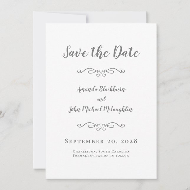 Photo Delicate Script Romantic Calligraphy Grey Save The Date (Front)