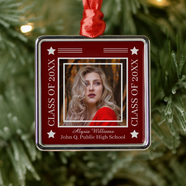 Photo Dk Red | Silver Class Year Graduation Metal Ornament (Tree)