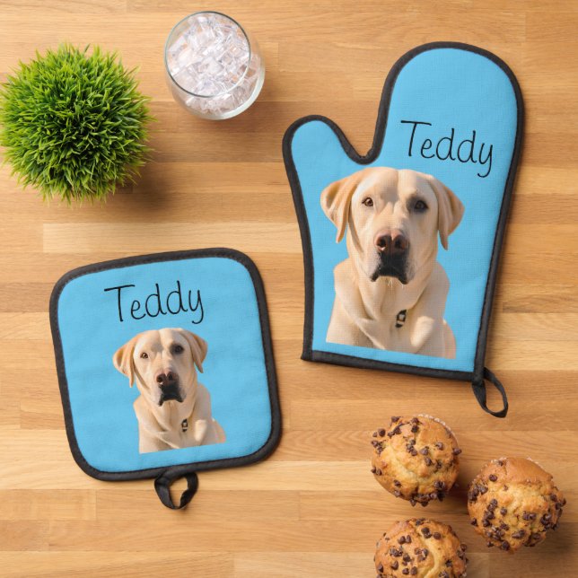 Photo Dog Cat Custom Monogram Oven Mitt & Pot Holder Set (Top Down)