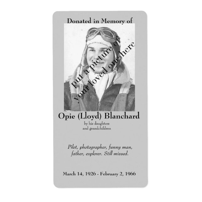 Photo Donated in Memory of Bookplate .. (Front)