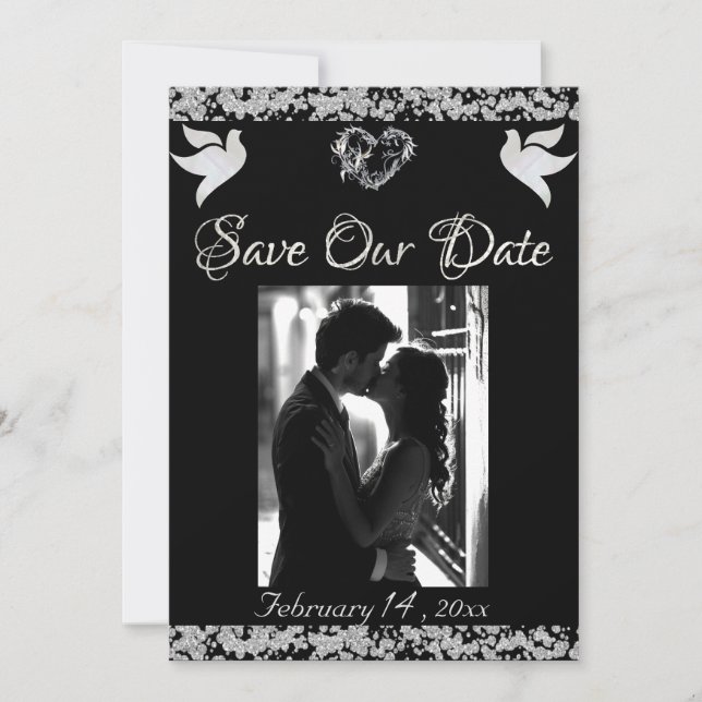 Photo, Doves, Silver Heart & Glitter - Black Save The Date (Front)