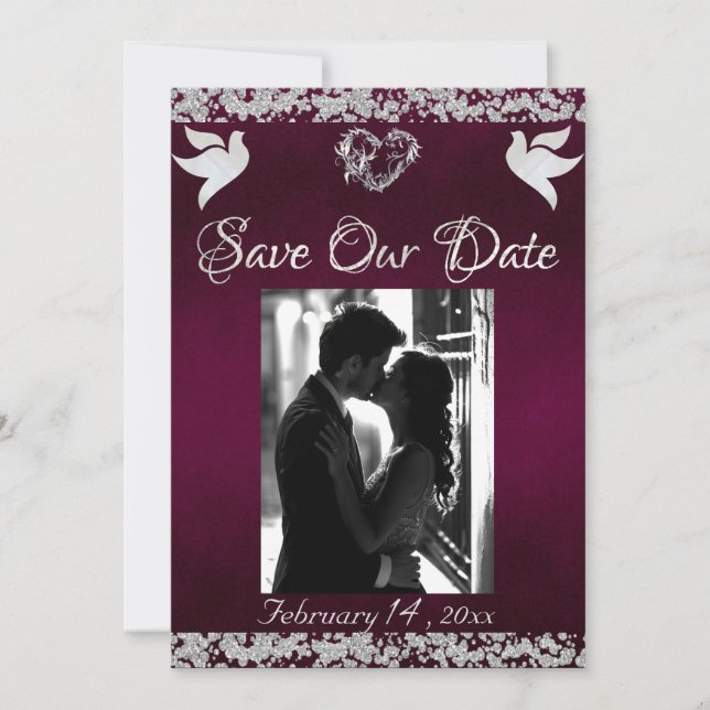 Photo, Doves, Silver Heart & Glitter - Purple Save The Date (Front)