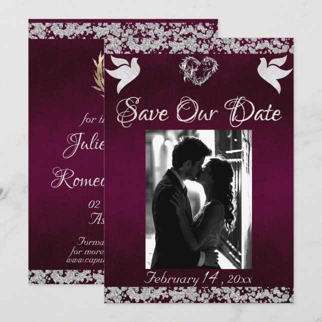 Photo, Doves, Silver Heart & Glitter - Purple Save The Date (Front/Back)