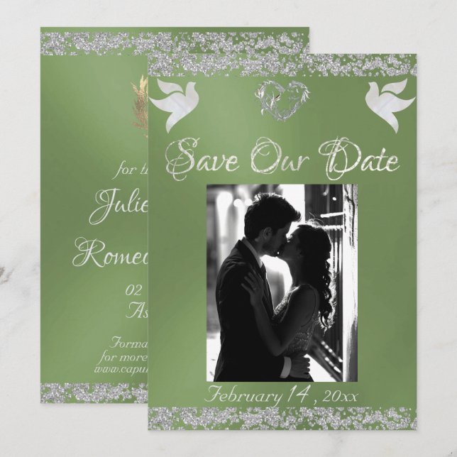 Photo, Doves, Silver Heart & Glitter - Sage Save The Date (Front/Back)