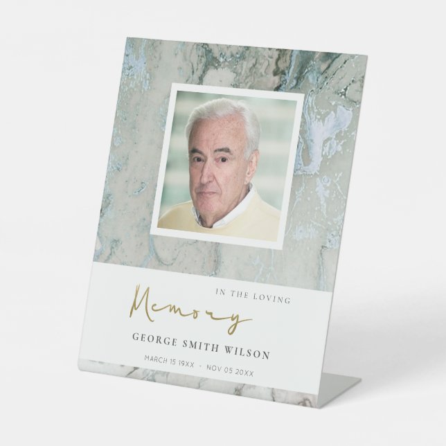 PHOTO DUSKY BLUE GOLD GREY AGATE SYMPATHY MEMORIAL PEDESTAL SIGN (Front)