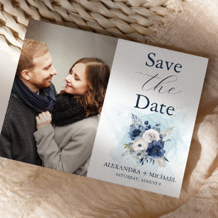 Photo Dusty Blue and Navy Floral Elegant Wedding Save The Date