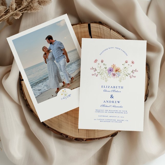 Photo Dusty Blue Crest Floral Wedding Invitation (Creator Uploaded)