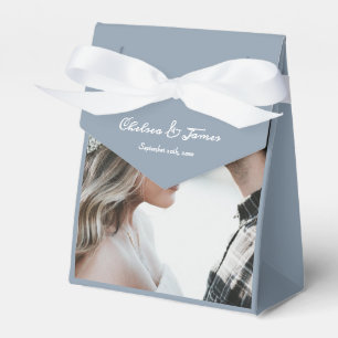 Photo Dusty Blue Elegant Calligraphy Wedding  Favour Box