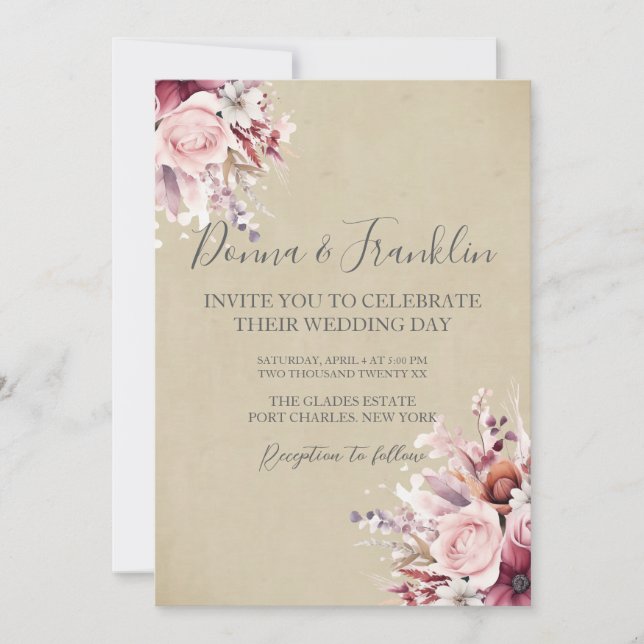  Photo Dusty Pink Rose QR Code Wedding Invitation (Front)