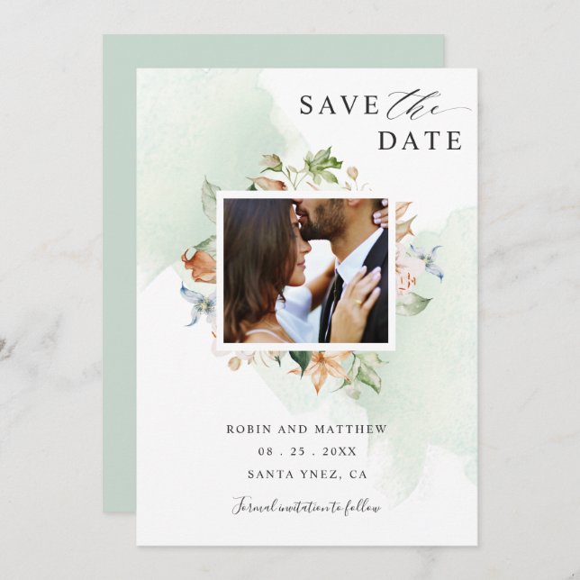 Photo Earthy Blooms and Green Floral Wedding Save The Date (Front/Back)