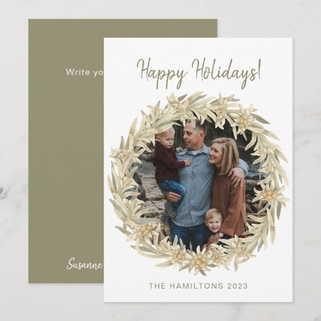 Photo Edelweiss Alpine Floral Wreath  Holiday Card (Front/Back)