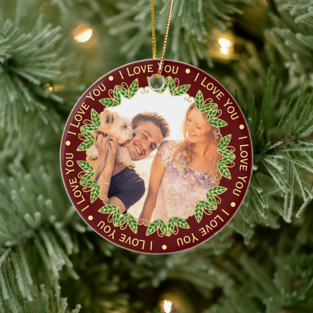 Photo & Editable Text | Elegant Red & Gold Ceramic Ornament (Tree)