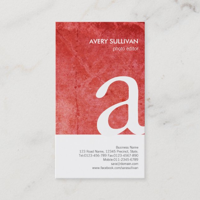 Photo Editor Red Grunge Monogram Business Card (Front)