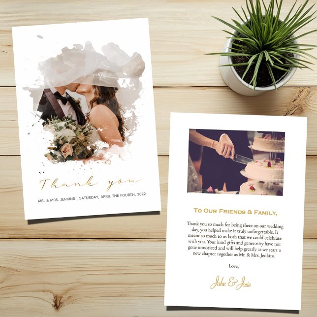 Photo effect watercolor wedding thank you card (Watercolor paint photo effect, gold "Thank you" wedding card with 2 photos and message)