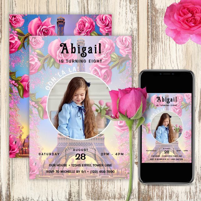 Photo Eiffel Tower Pink Roses Chic French Birthday Invitation (Photo Eiffel Tower Pink Roses Chic French Birthday Invitation)