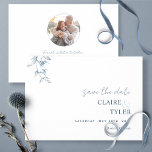 Photo, Elegant and Minimal Blue Wedding Save The Date<br><div class="desc">Announce your wedding date with this elegant blue and white wedding save-the-date card featuring exquisite hand-drawn botanical detail on the front and a stylish circular photo template on the back. No need to add a circular photo, Zazzle will automatically fit your photo to the circular shape. Simple, elegant, timeless, and...</div>