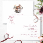 Photo, Elegant and Minimal Burgundy, Pink Wedding Save The Date<br><div class="desc">Announce your wedding date with this elegant burgundy, pink, and white wedding save-the-date card featuring exquisite hand-drawn botanical detail on the front and a stylish circular photo template on the back. No need to add a circular photo, Zazzle will automatically fit your photo to the circular shape. Simple, elegant, timeless,...</div>