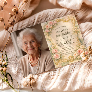 Photo Elegant Baroque Floral Frame 90th Birthday Invitation