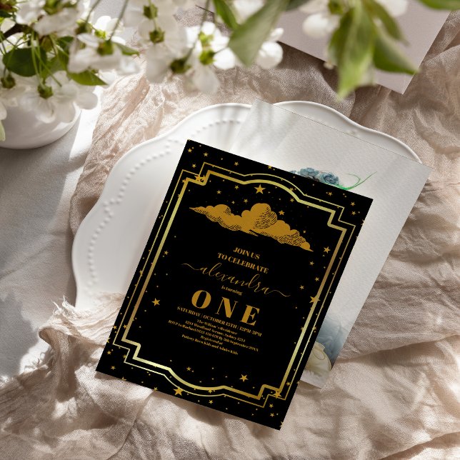 Photo Elegant Black Gold Celestial 1st Birthday Invitation (Creator Uploaded)
