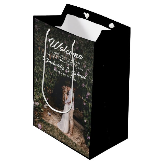 Photo Elegant Black Wedding Welcome Medium Gift Bag (Front Angled)