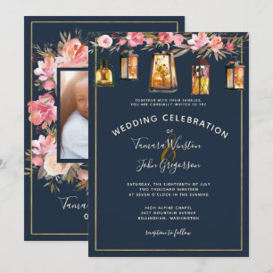 Photo Elegant Blue Coral Floral Lights Wedding Invitation