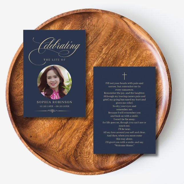 Photo Elegant Blue Gold Funeral Prayer Cards (Creator Uploaded)