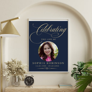 Photo Elegant Blue Gold Script Funeral Memorial  Poster