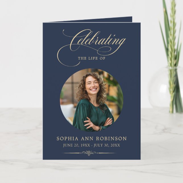 Photo Elegant Blue Gold Script Funeral Program (Front)