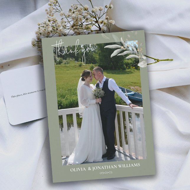 Photo Elegant Botanical Wedding ThankYou Card (sage green photo wedding thank you card)