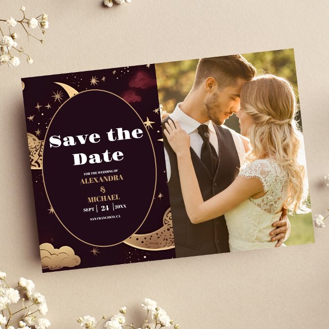 Photo Elegant Burgundy Gold Celestial Wedding Save The Date (Creator Uploaded)