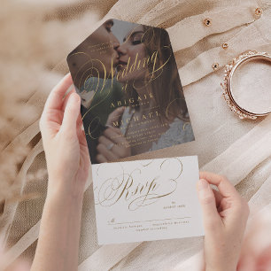 Photo elegant classic calligraphy vintage wedding all in one invitation
