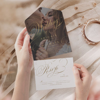 Photo elegant classic calligraphy vintage wedding all in one invitation