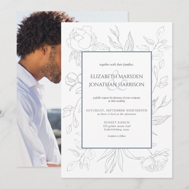 Photo Elegant Dusty Blue Line Drawing Floral  Invitation (Front/Back)
