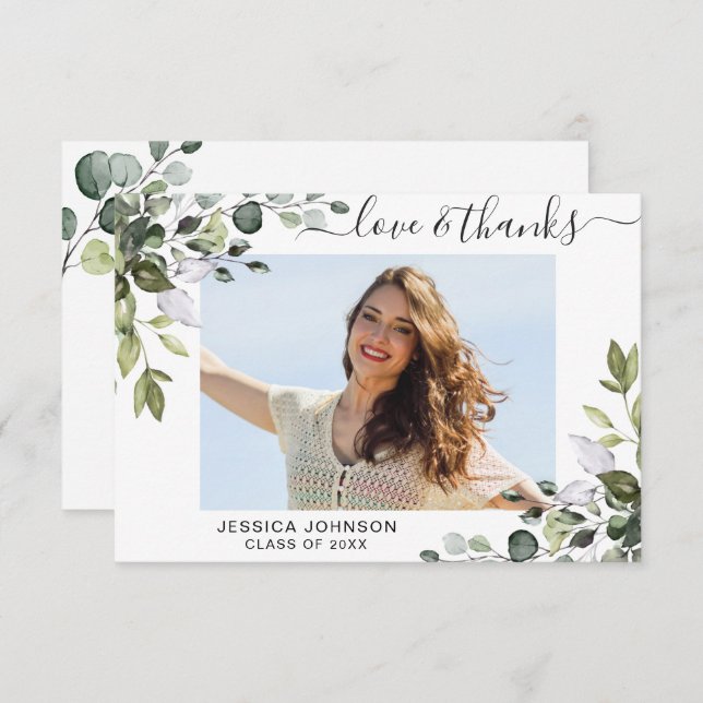 PHOTO Elegant Eucalyptus Greenery Graduation Thank You Card (Front/Back)