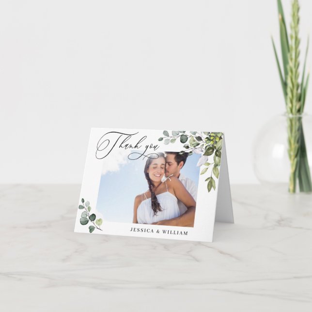 PHOTO Elegant Eucalyptus Greenery Wedding Thank You Card (Front)