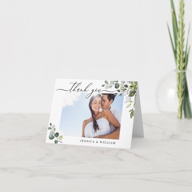 PHOTO Elegant Eucalyptus Greenery Wedding Thank You Card (Front)