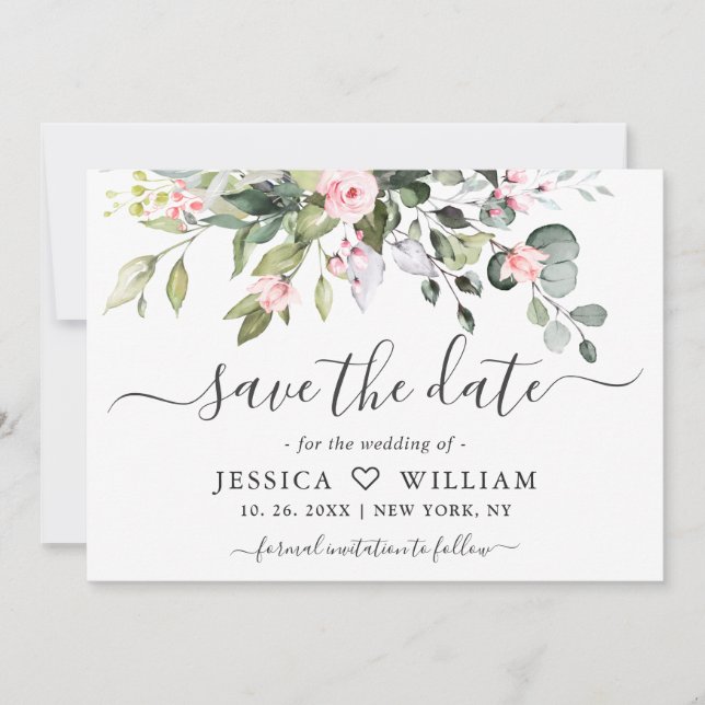 PHOTO Elegant Eucalyptus Pink Blush Roses Wedding Save The Date (Front)