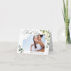 PHOTO Elegant Eucalyptus White Roses Floral Thank You Card