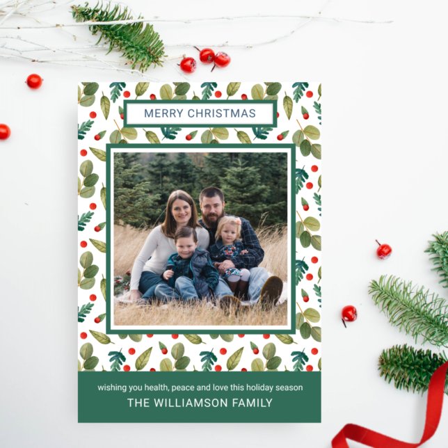 Photo, Elegant Festive Greenery and Holly Pattern Holiday Card (Creator Uploaded)