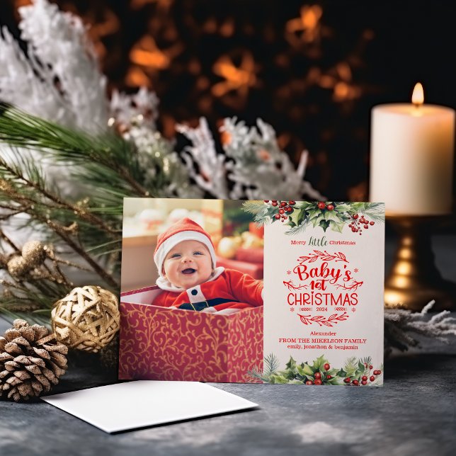 Photo Elegant Floral Baby's First Christmas Holiday Card (Creator Uploaded)