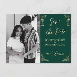 Photo,Elegant gold Art Deco on green save the date Postcard