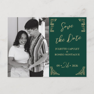 Photo,Elegant gold Art Deco on green save the date Postcard