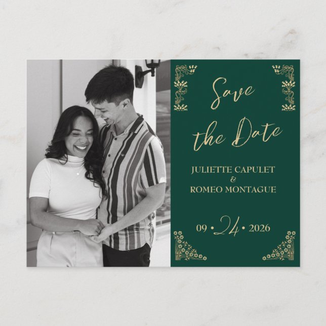 Photo,Elegant gold Art Deco on green save the date Postcard (Front)