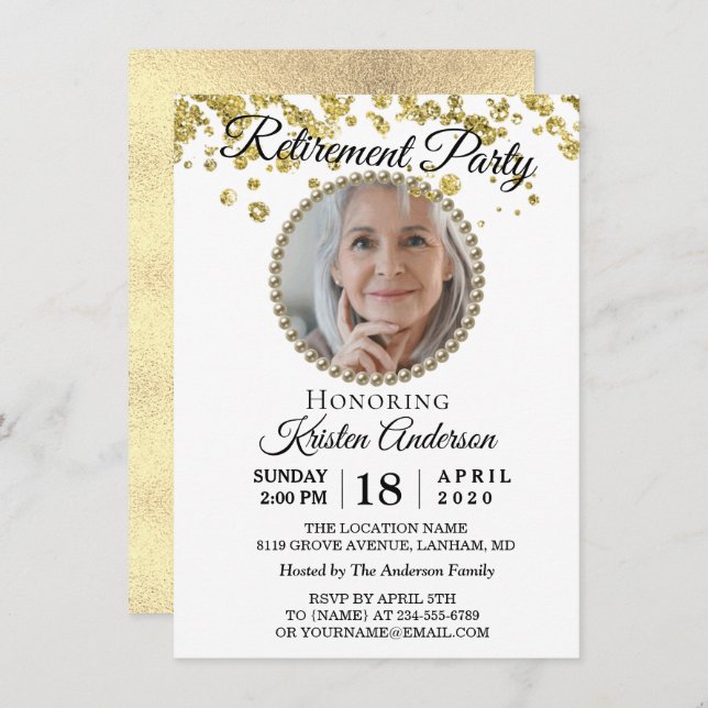 Photo Elegant Gold Glitter Retirement Party Invitation (Front/Back)