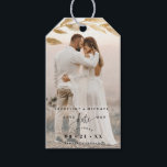 Photo, Elegant Gold Leaves Wedding Save the Date Gift Tags<br><div class="desc">Delight your guests announcing your wedding date with a gift; they will love hearing the news and enjoy the nice detail! Photo gift tag with attractive watercolor gold leaves photo overlay on the top framing your photograph. Mustard yellow section on the bottom with modern hand written calligraphy details, and your...</div>