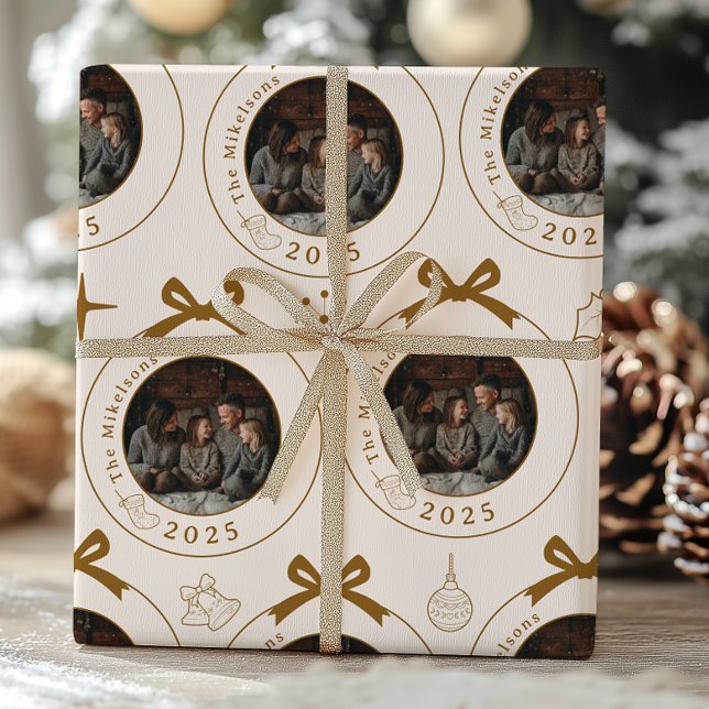 Photo Elegant Gold Line Art Christmas Wrapping Paper (Creator Uploaded)