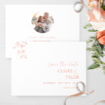 Photo, Elegant, Minimal Blush Pink, Peach Wedding Save The Date<br><div class="desc">Announce your wedding date with this elegant blush pink, peach, and white wedding save-the-date card featuring exquisite hand-drawn botanical detail on the front and a stylish circular photo template on the back. No need to add a circular photo, Zazzle will automatically fit your photo to the circular shape. Simple, elegant,...</div>