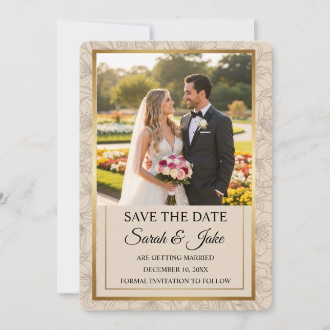 Photo Elegant Minimalist Gold Frame & Floral  Save The Date (Front)