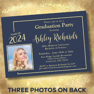 Photo Elegant Navy Blue and Gold Graduation Party  Invitation