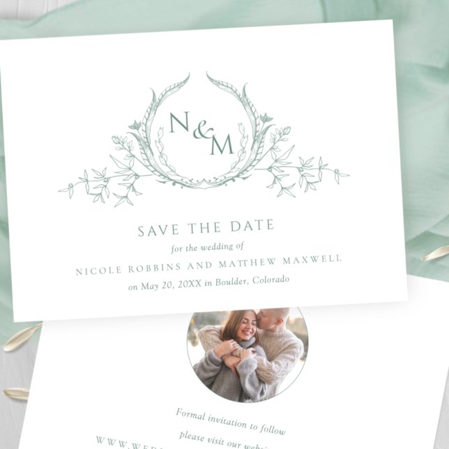 Photo, Elegant Pale Green Monogram Wedding Save The Date (Creator Uploaded)